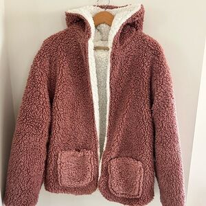 Love Tree Teddy Coat Women Medium Pink White Open Front Fleece Reversible Jacket